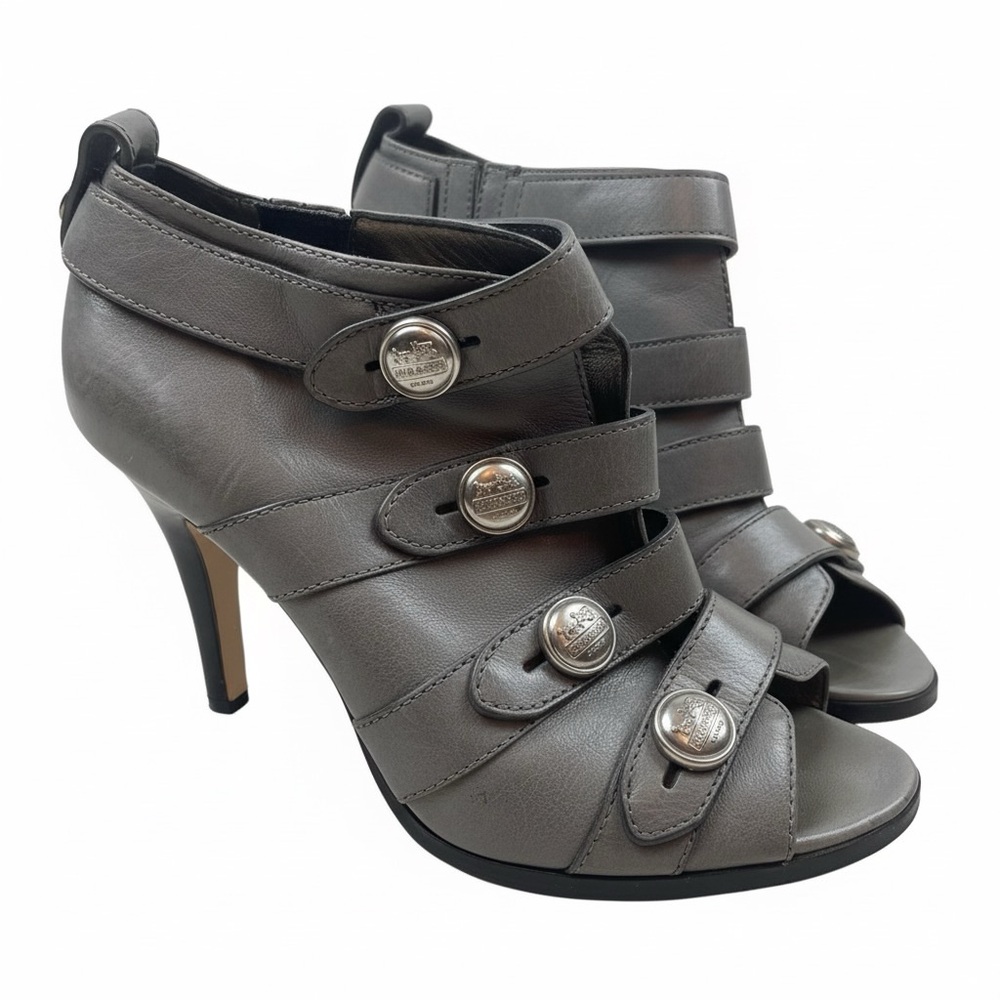 Coach Brandi Gray Leather Peep-Toe Booties 8.5B Silver Logo Buttons
